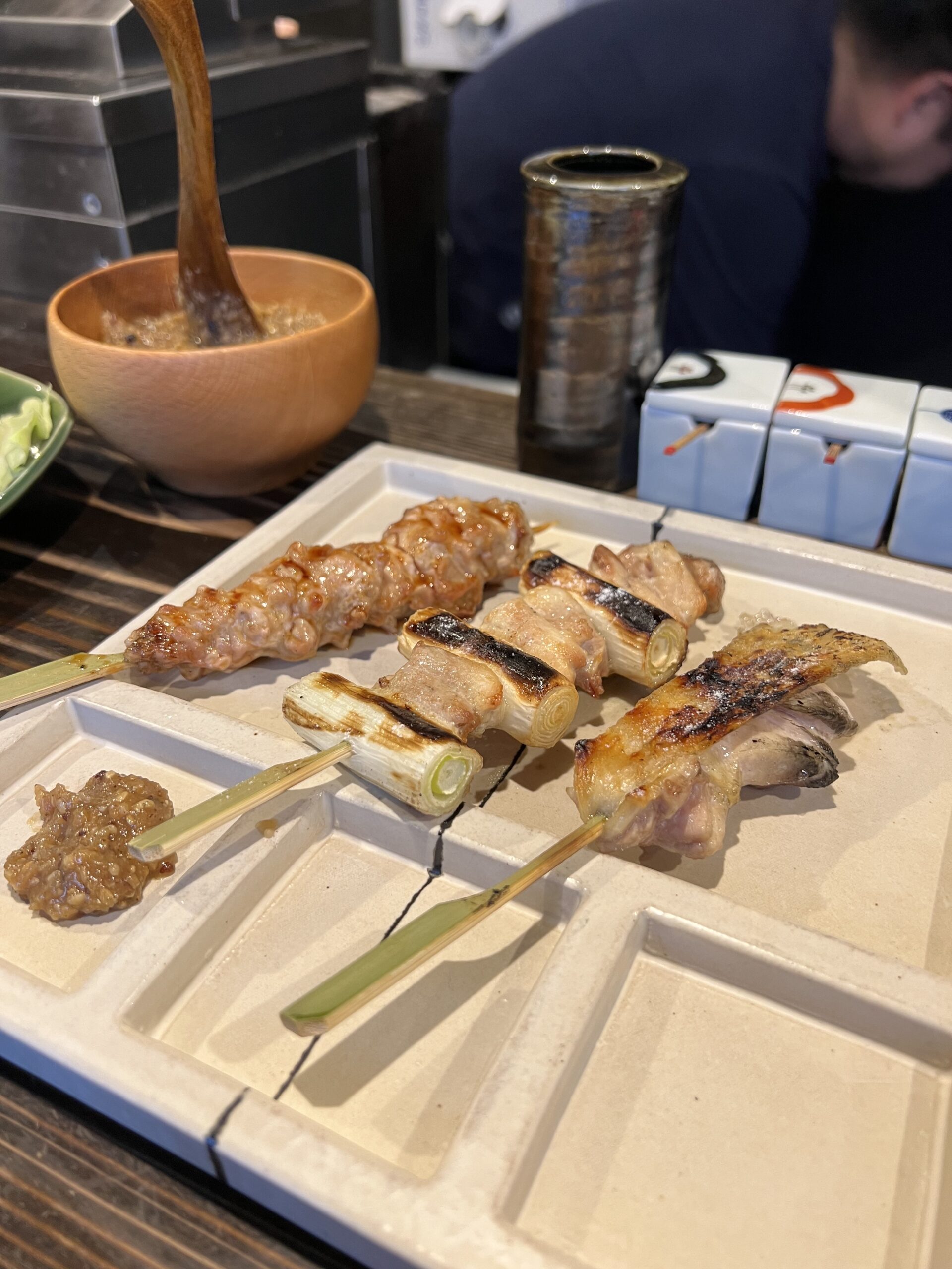 A plate of Japanese chicken skewers
