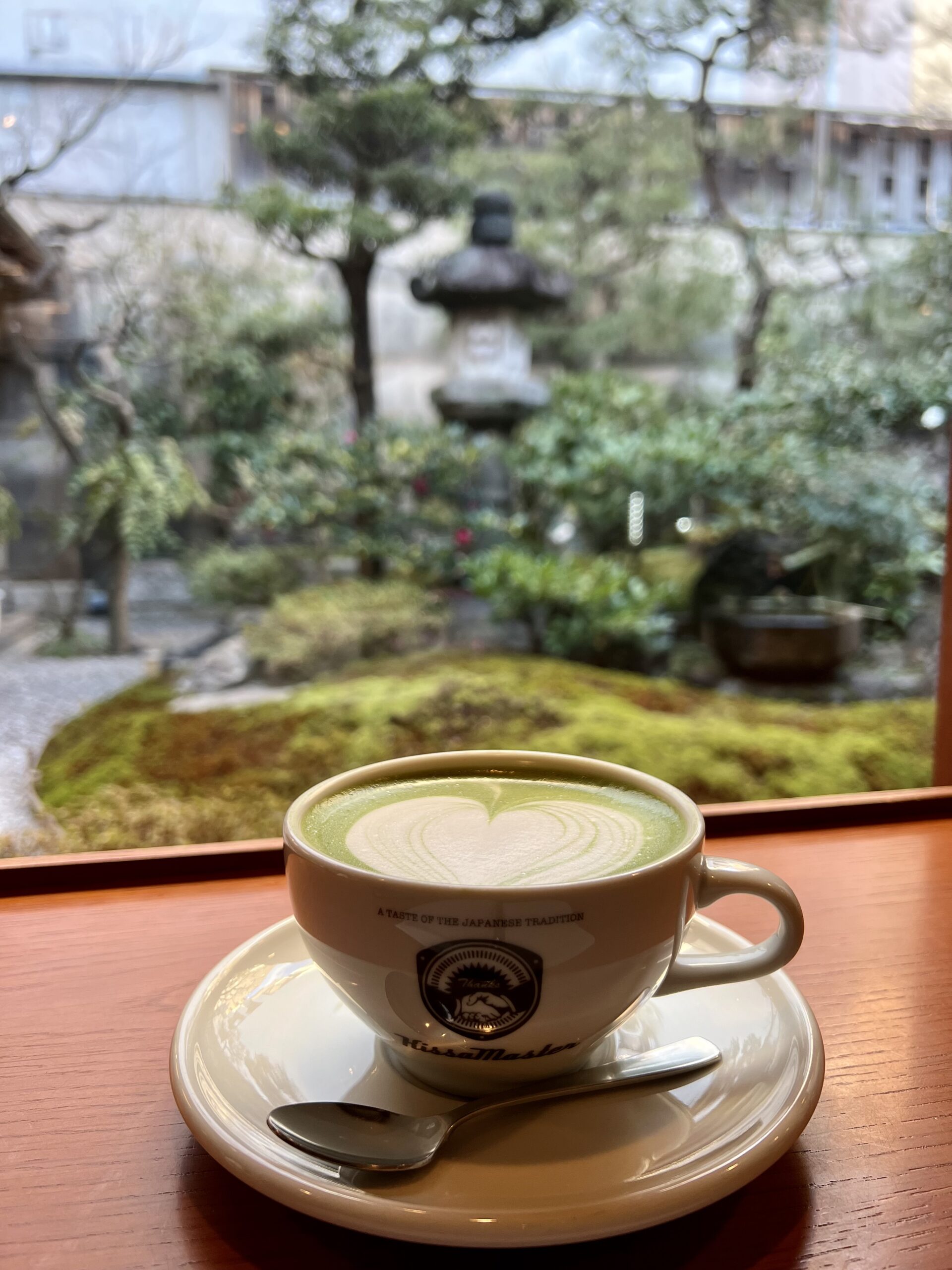 Matcha latte at scenic cafe in Kyoto