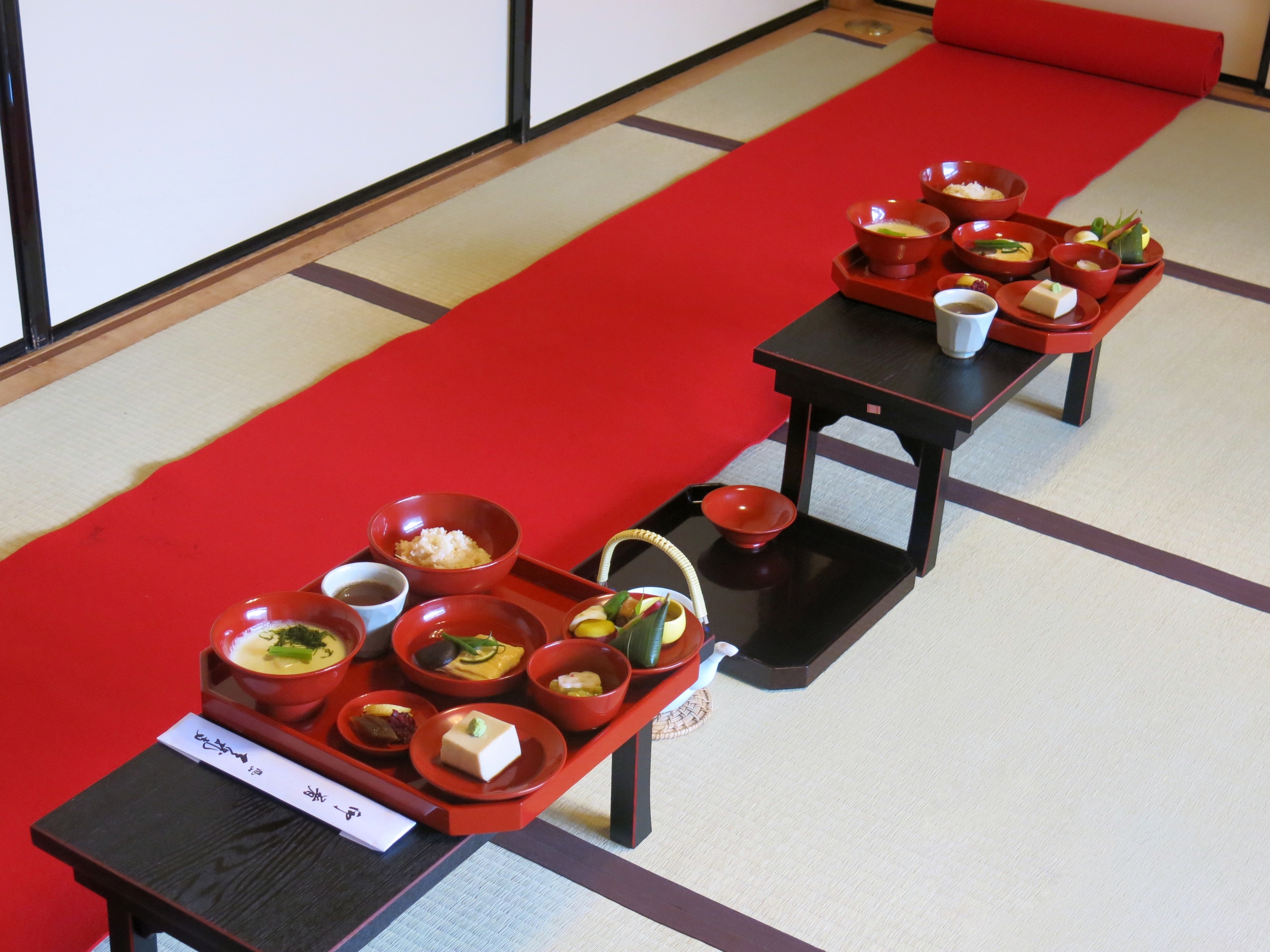 Japanese Buddhist cuisine, in red bowls and tray